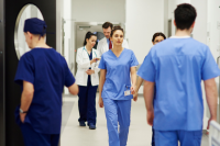 Health care staff walking in a hallway